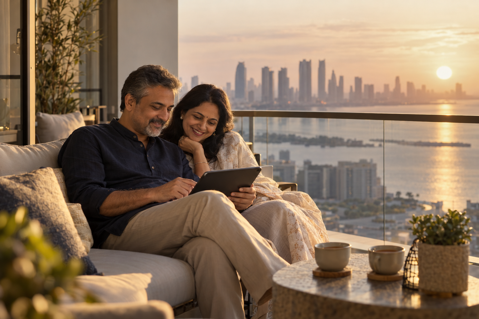 An Indian couple on their Abu Dhabi balcony at sunset, reviewing their portfolio on a tablet