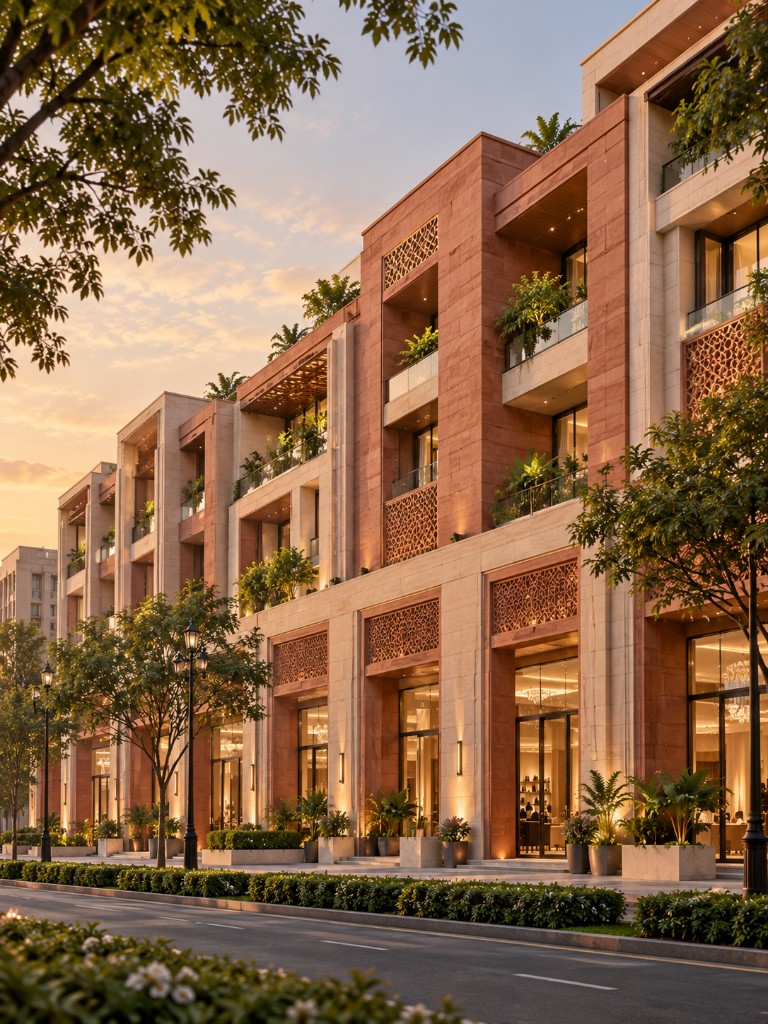Architectural render of a premium mid-rise mixed-use facade in Delhi with sandstone cladding and jali screens