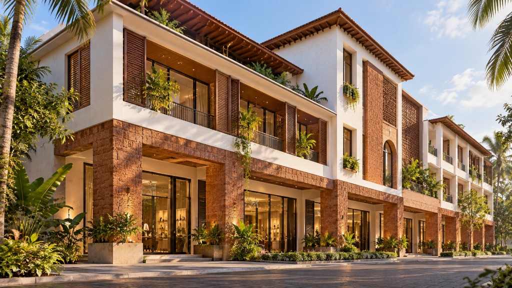 Architectural render of a tropical mixed-use building in Goa with laterite stone, white walls and clay-tile roofs