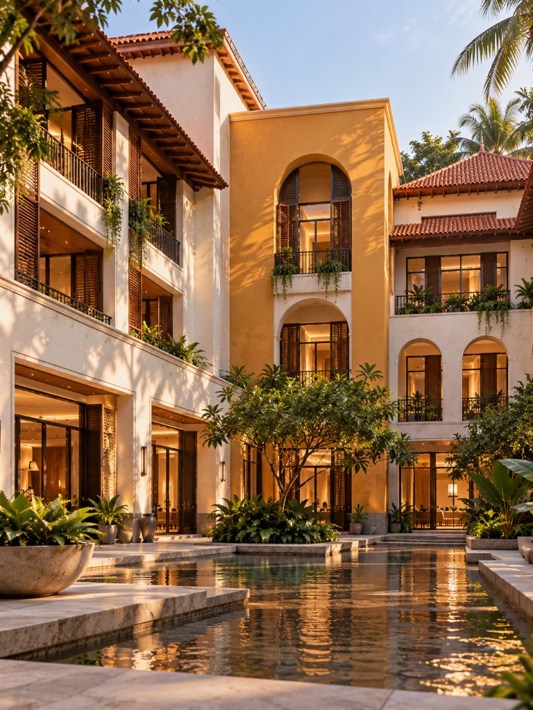 Architectural render of a boutique courtyard residential complex in Goa with a reflection pool and terracotta roofs